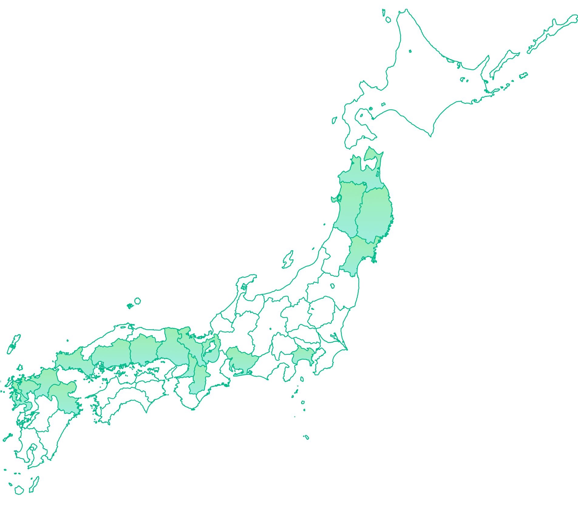 配属エリア(都道府県)に色がついている日本地図