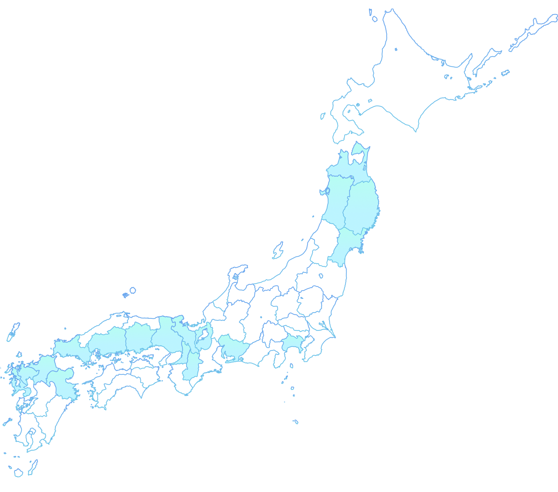 配属エリア（都道府県）に色がついている日本地図